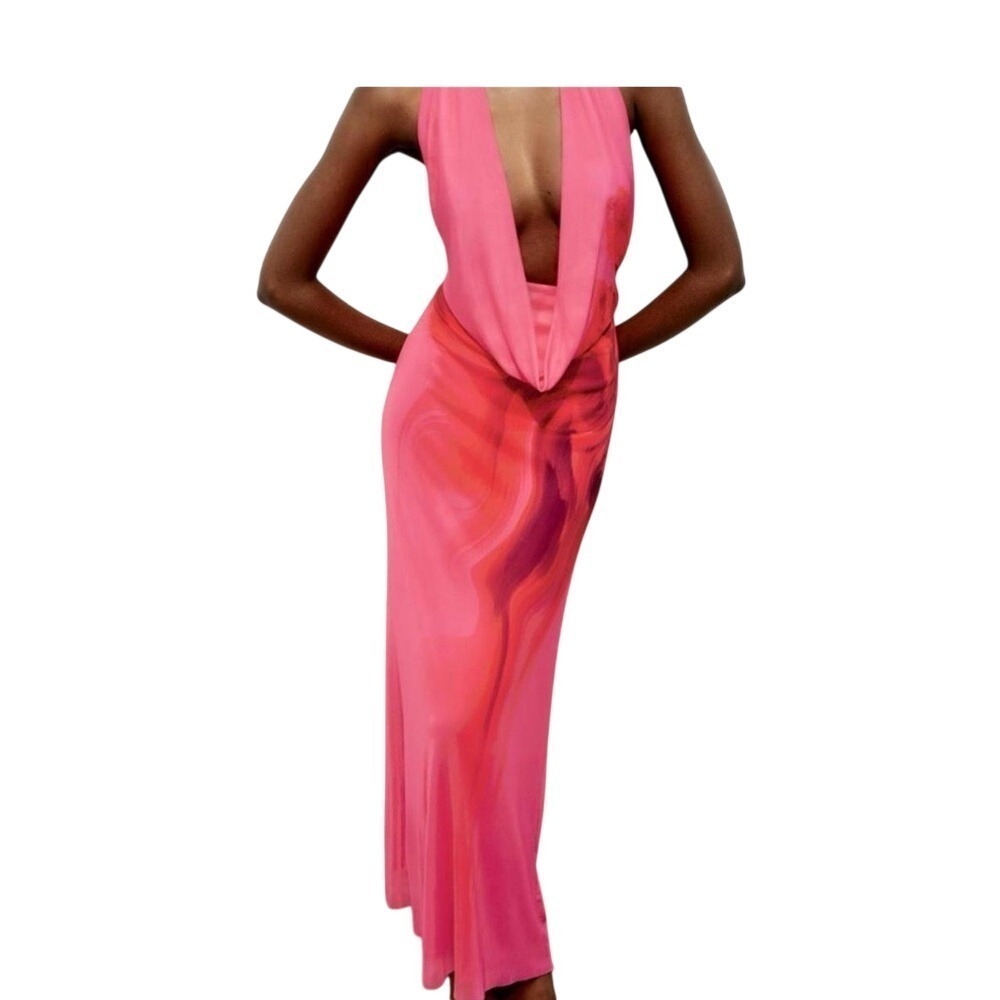 Zara Pink Plunge Neck Sleeveless Gown